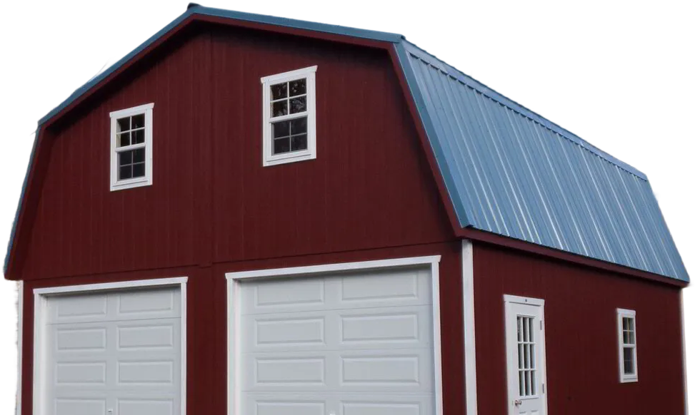 Two-story red barn with garage doors
